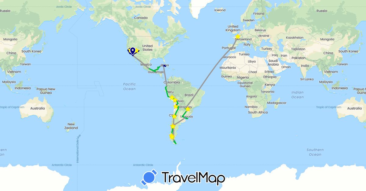 TravelMap itinerary: driving, bus, plane, hiking, boat, hitchhiking in Argentina, Bolivia, Chile, Cuba, Ecuador, Spain, France, Mexico, Peru, Paraguay, United States, Uruguay (Europe, North America, South America)